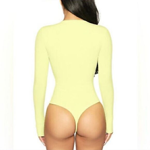 New Naked Wardrobe Long-Sleeved Snatched Bodysuit in Bright Yellow - Picture 2 of 7